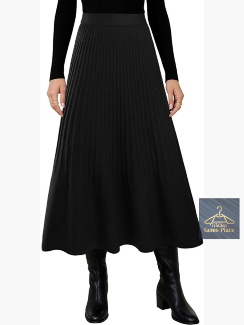Pleated Knit Maxi Skirt High Waist A-Line Casual Sweater Fall Winter Long Skirt